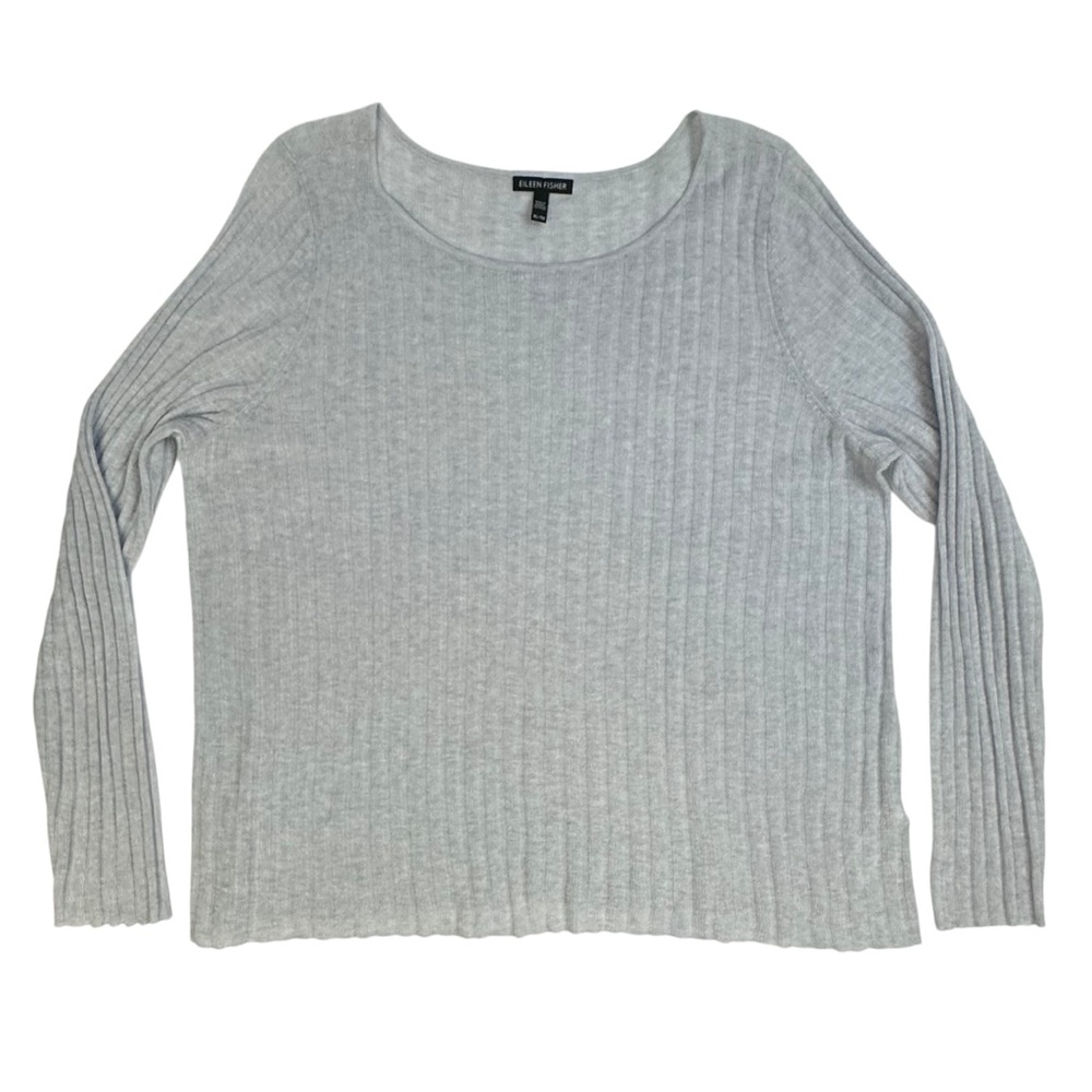 Eileen Fisher Ribbed Grey Blue Tencel Alpaca Wool Blend Lightweight Sweater XL - Picture 3 of 8